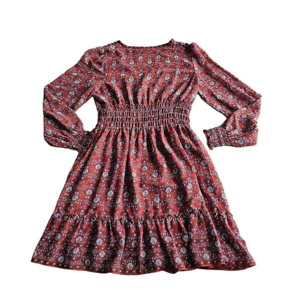 Max studio womens Sz L burn orange floral V neck Smocked maxi dress - Picture 2 of 8